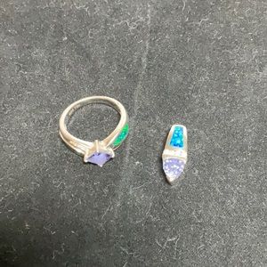 Sterling Silver Tanzanite and Blue Opal Ring and Pendant Set